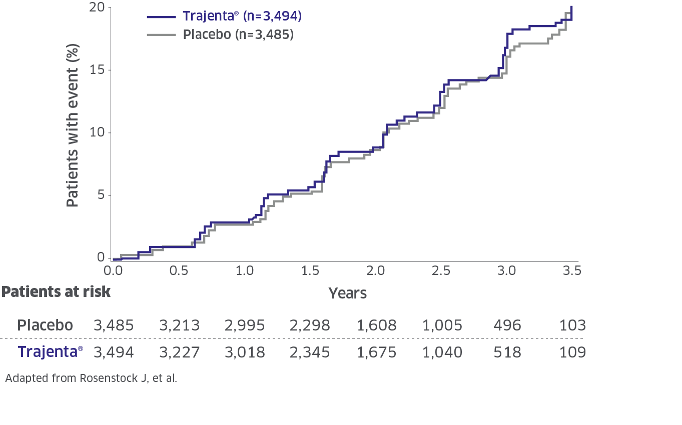 CARMELINA renal outcome events graph showing the demonstrated time to first occurrence of renal death, sustained end-stage renal disease, or sustained ≥40% decrease in eGFR (key secondary composite endpoint) for Trajenta® (n=3,494) and placebo (n=3,485). Described under the heading CARMELINA  renal outcome events graph full text.