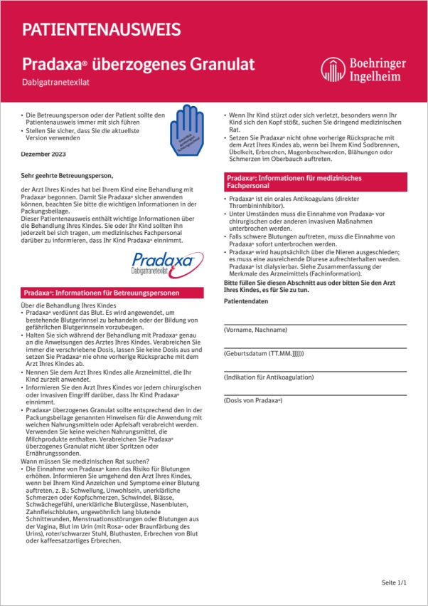 Pradaxa Patientenausweis überzogenes Granulat