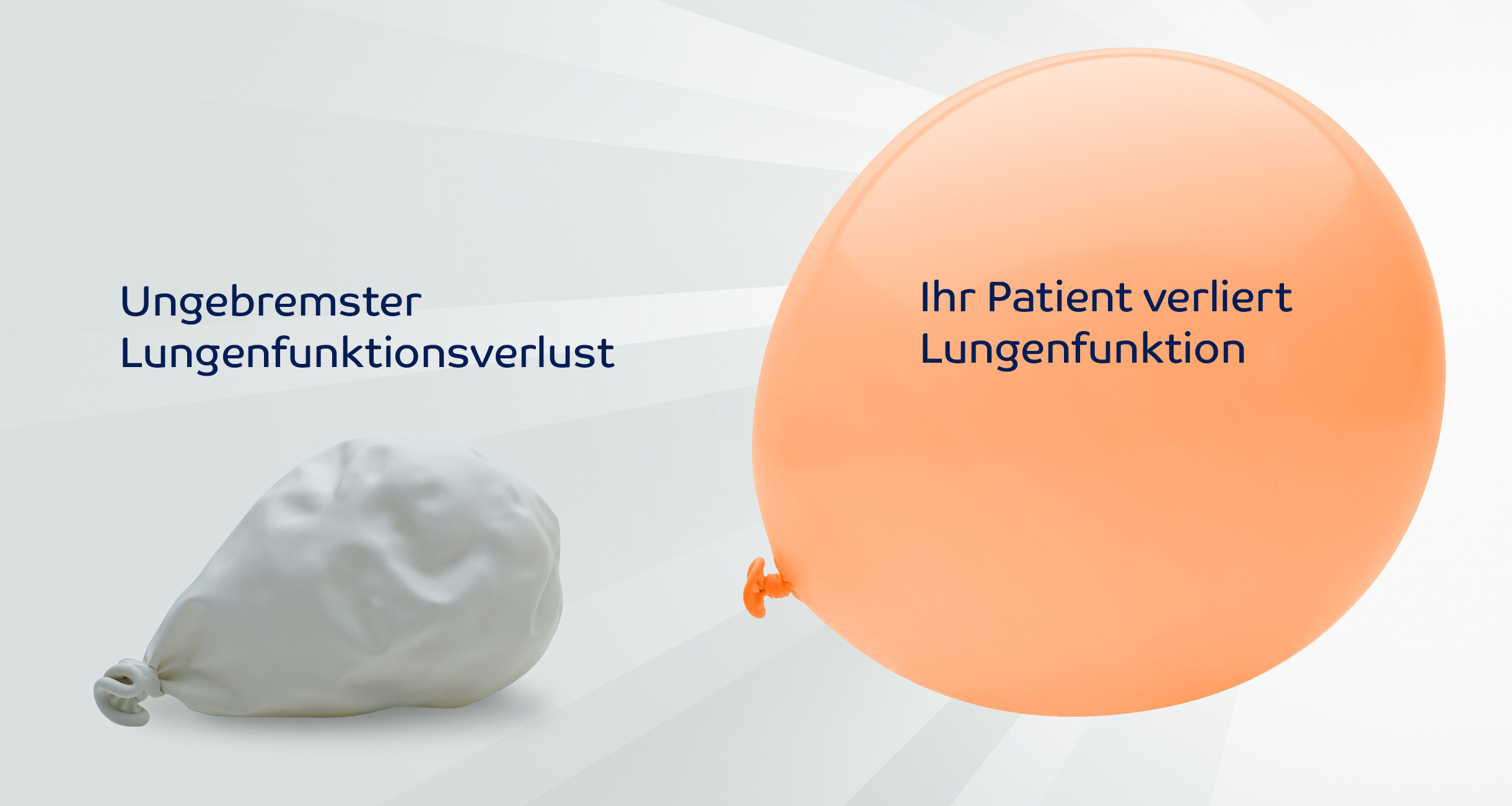 großer praller Luftballon und kleiner, verschrumpelter Luftballon fast ohne Luft symbolisieren den ungebremsten Lungenfunktionsverust bei unbehandelter Lungenfibrose 