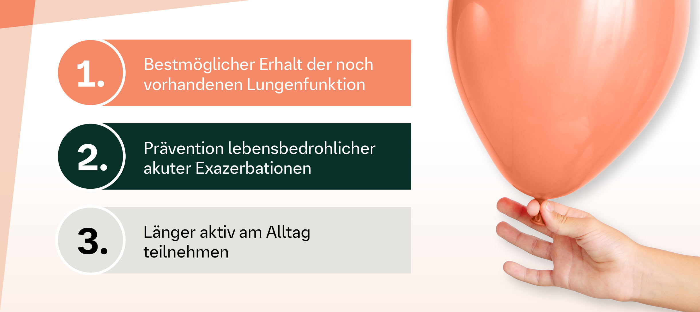 Die langfristigen Ziele der antifibrotischen Therapie: 1. Bestmöglicher Erhalt der noch vorhandenen Lungenfunktion, 2. Prävention von AEx, 3. Länger am Alltag teilnehmen