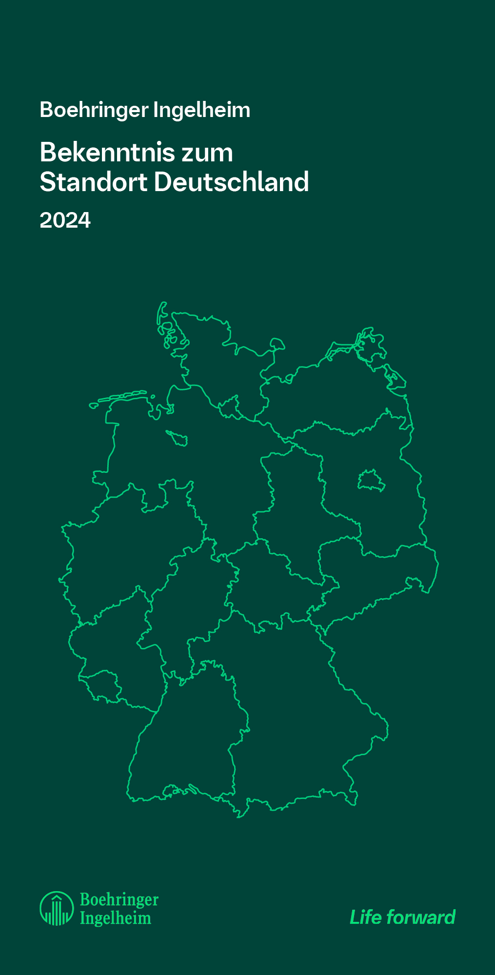 Titelseite der Broschüre "Boehringer Ingelheim: Bekenntnis zum Standort Deutschland" (Stand 2025)