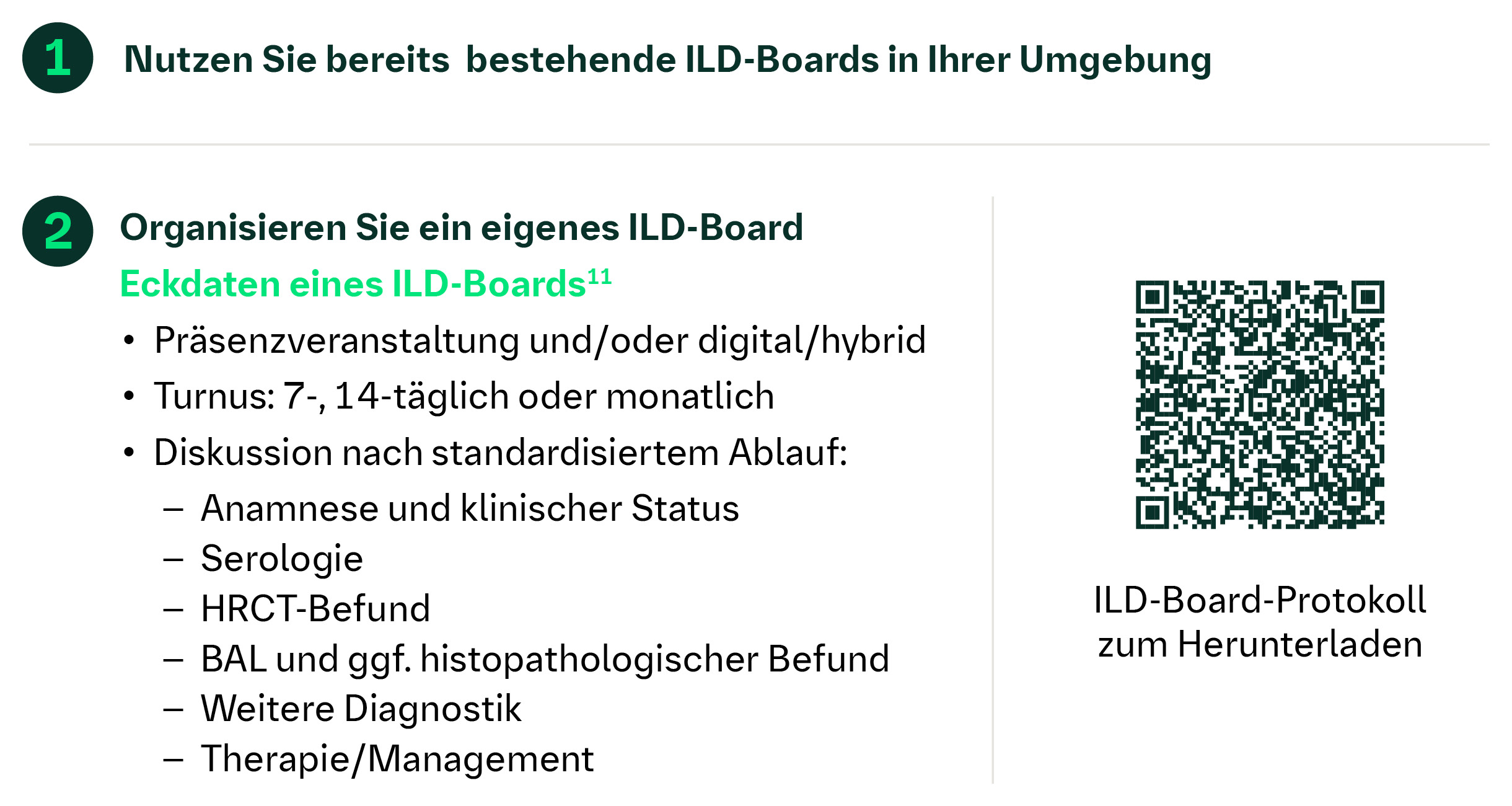 Abbildung: Eckdaten eines ILD-Boards sowie QR-Code zum ILD-Board-Protokoll der S1-ILD-Diagnostik-Leitlinie