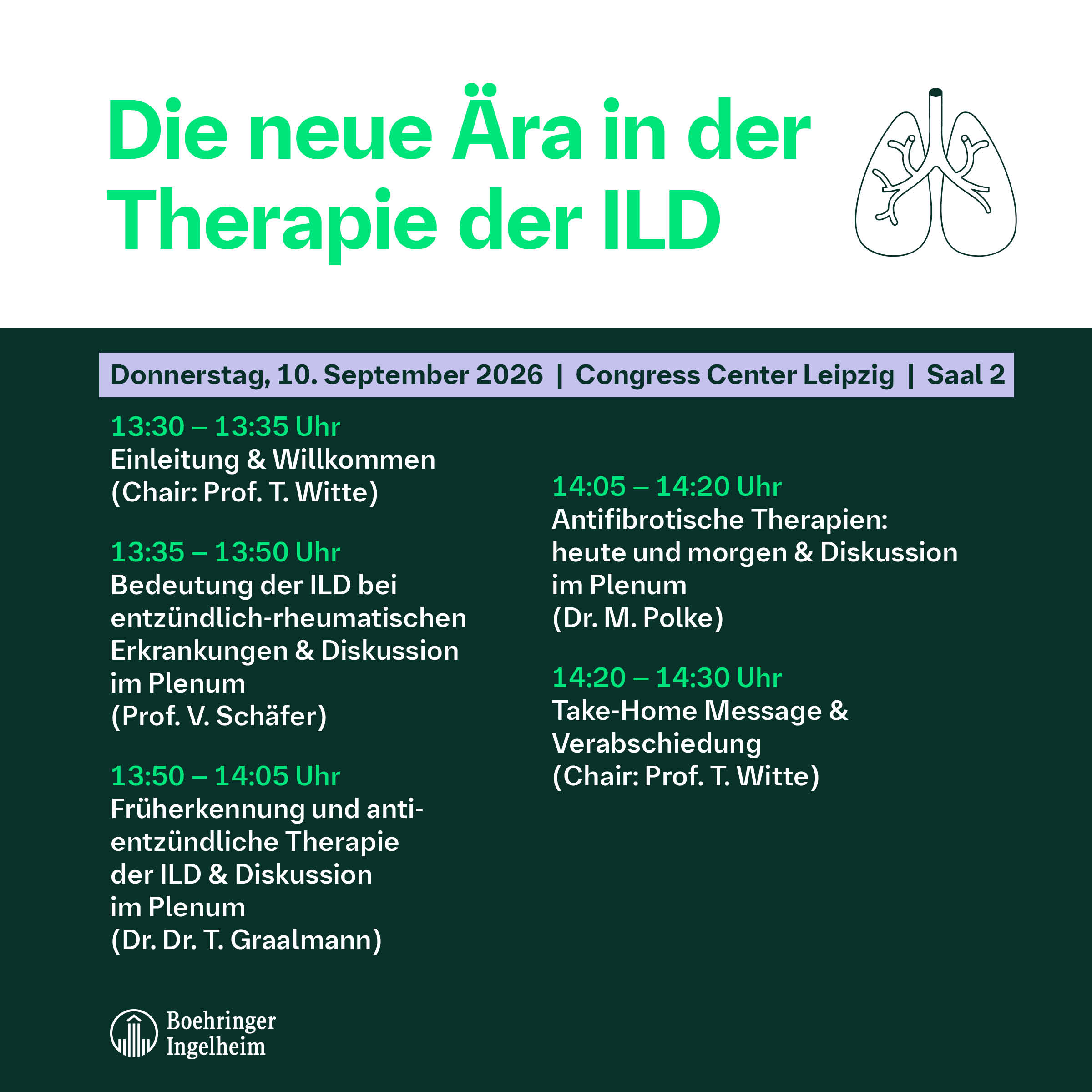 Programm: Boehringer Ingelheim Symposium "Die neue Ära in der Therapie der ILD", Do., 10.09.2026, 13:30 bis 14:30 Uhr