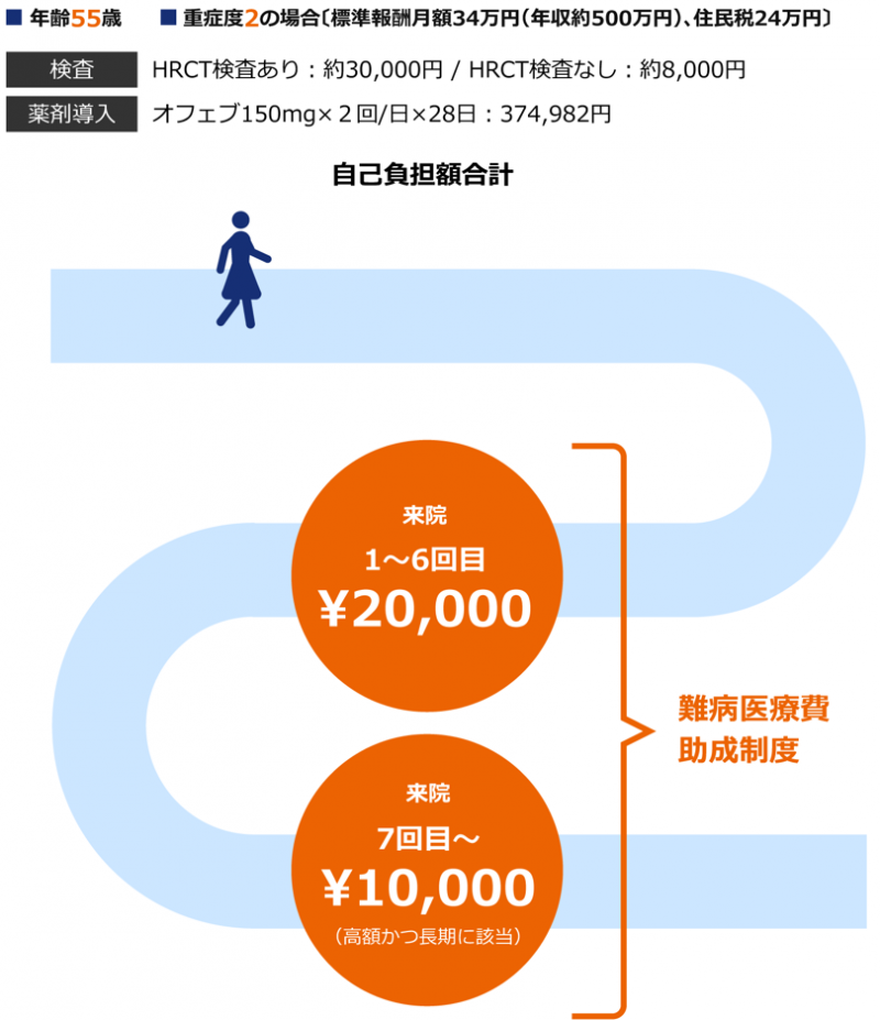 モデルケース3: 55歳、SSc-ILD患者さん(SSc重症度2)〔標準報酬月額34万円(年収約500万円)、住民税24万円〕