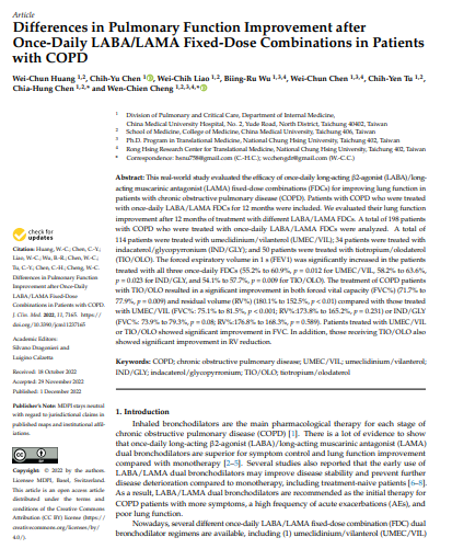 Differences in Pulmonary Function Improvement after Once-Daily LABA/LAMA Fixed-Dose Combinations in Patients with COPD