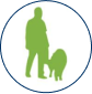 Green icon of a person with a dog in a blue circle